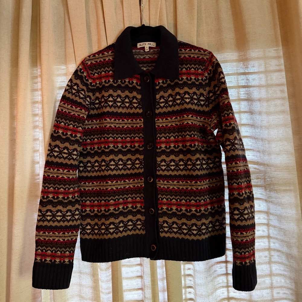 Alex Mill Navy and Red Faire aisle 💯 merino wool Cardigan